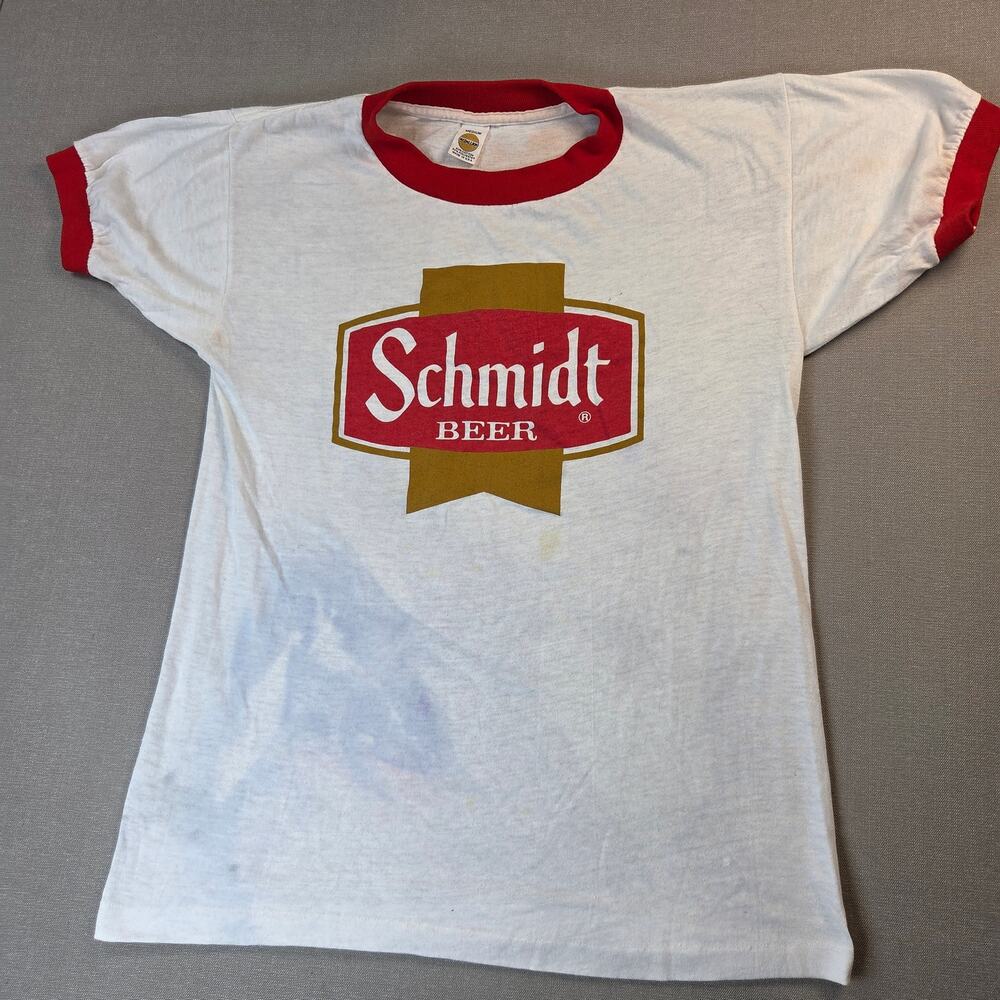 Schmidt Beer Vintage 1980s Ringer T Shirt Medallion USA Medium Stained M
